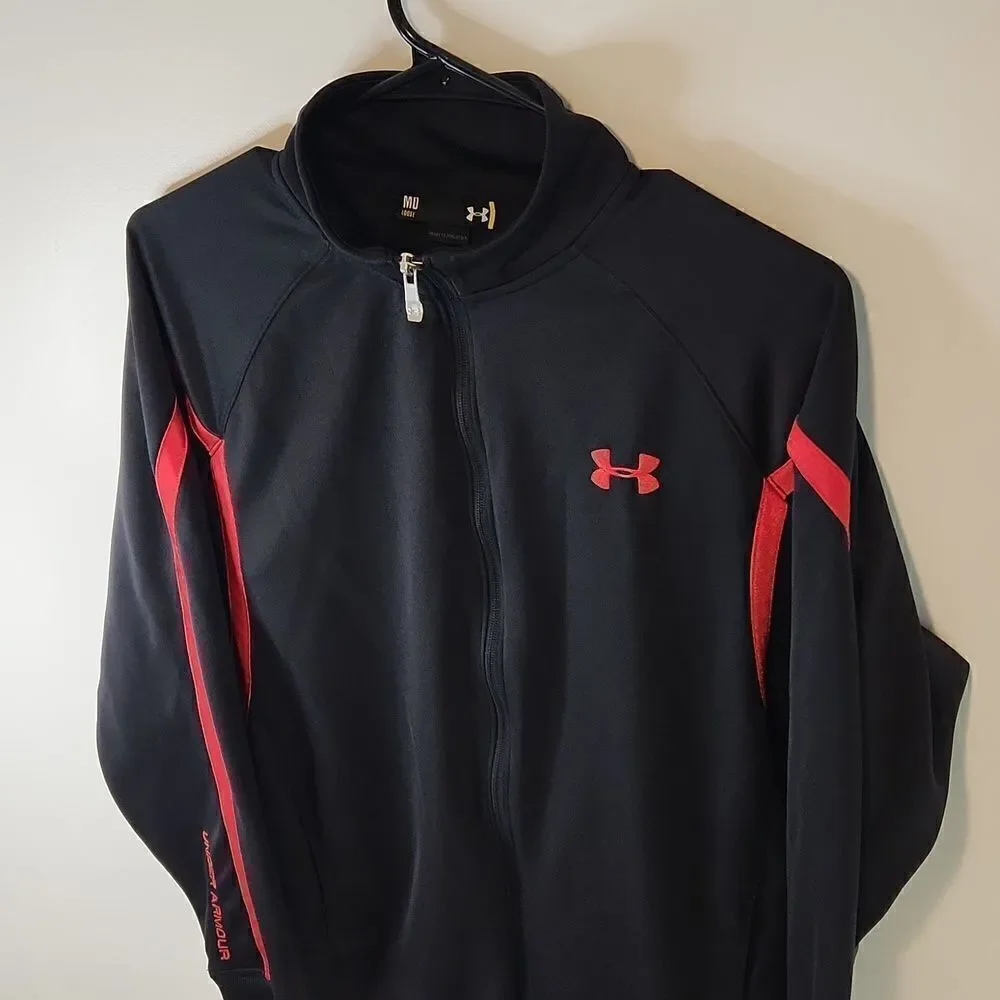 Under Armour Full Zip Track Jacket Men's Sz Medium Loose Black/Red EUC NICE!
